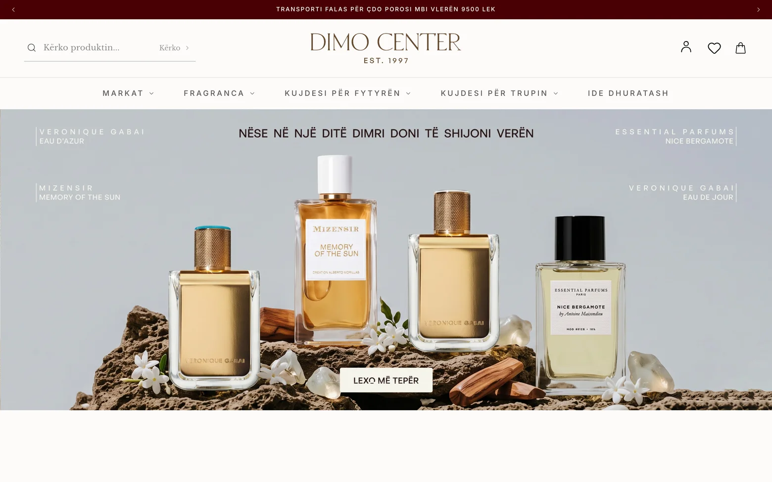 Dimo Center’s online store, with its perfume collection beneath the brand’s identity.