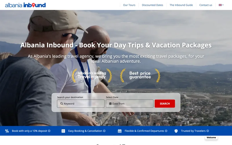 The home page of albaniainbound.com, a search for day trips and holidays over a photograph of travellers in Albania.
