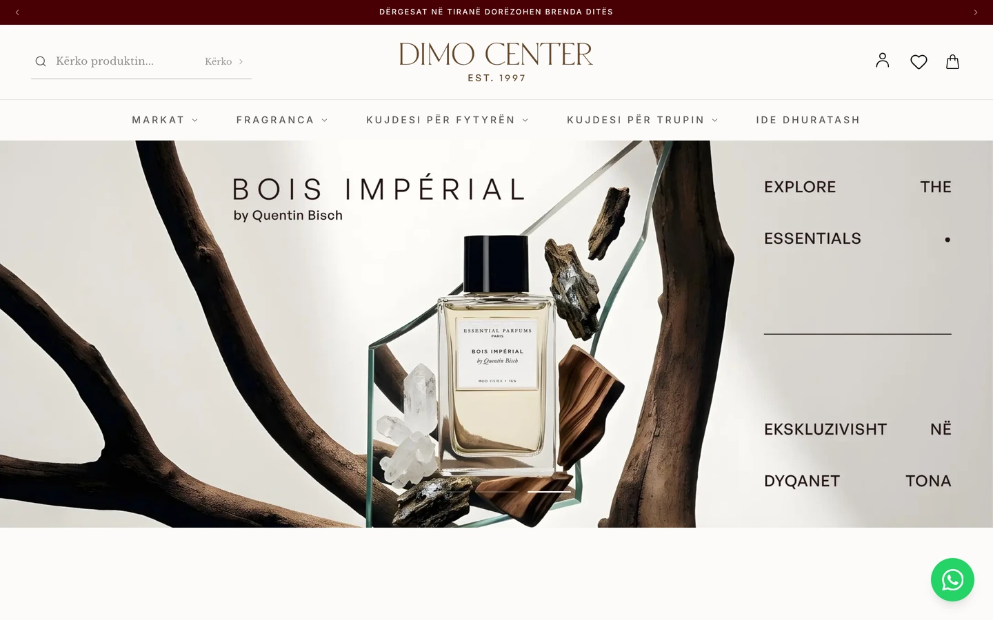 Dimo Center desktop store with fragrance photography and navigation