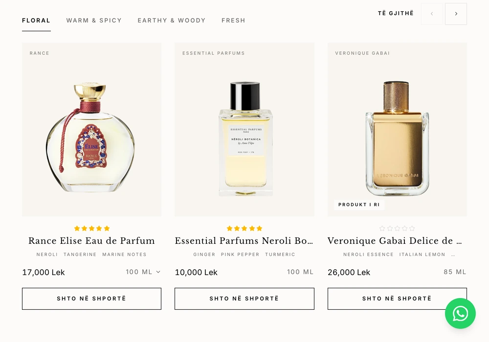 Dimo Center fragrance cards with notes, sizes and prices