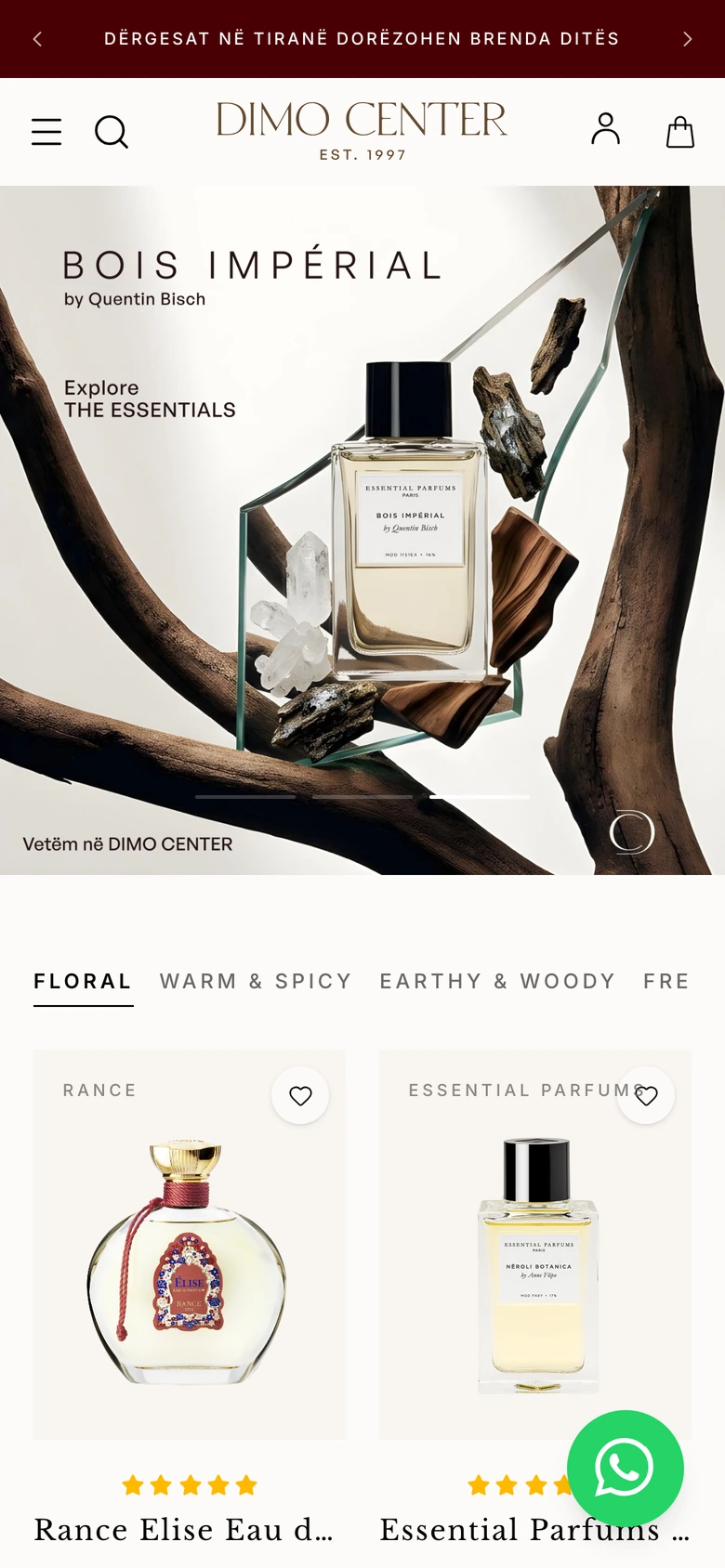 Dimo Center mobile store with fragrance categories and product cards