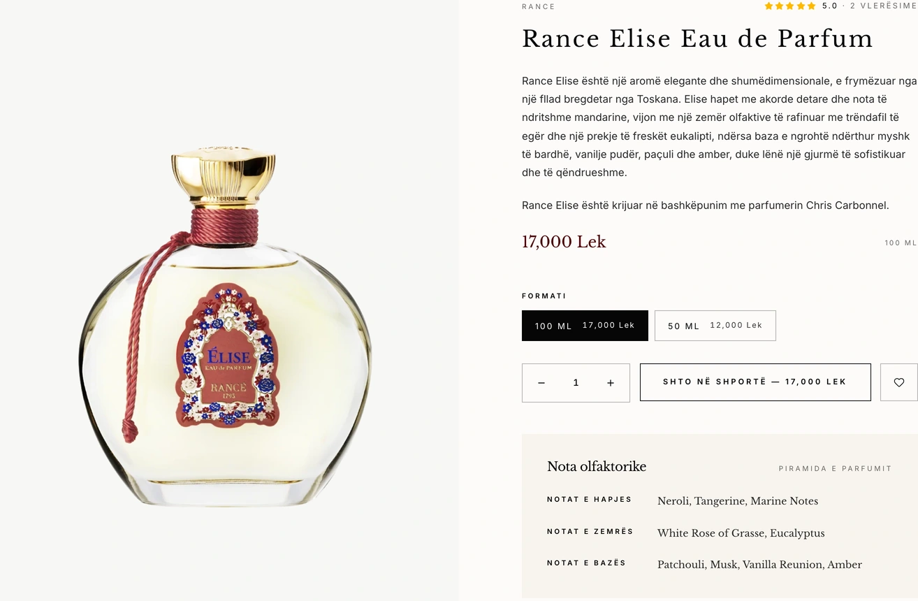 Dimo Center product page with bottle, fragrance notes and purchase controls