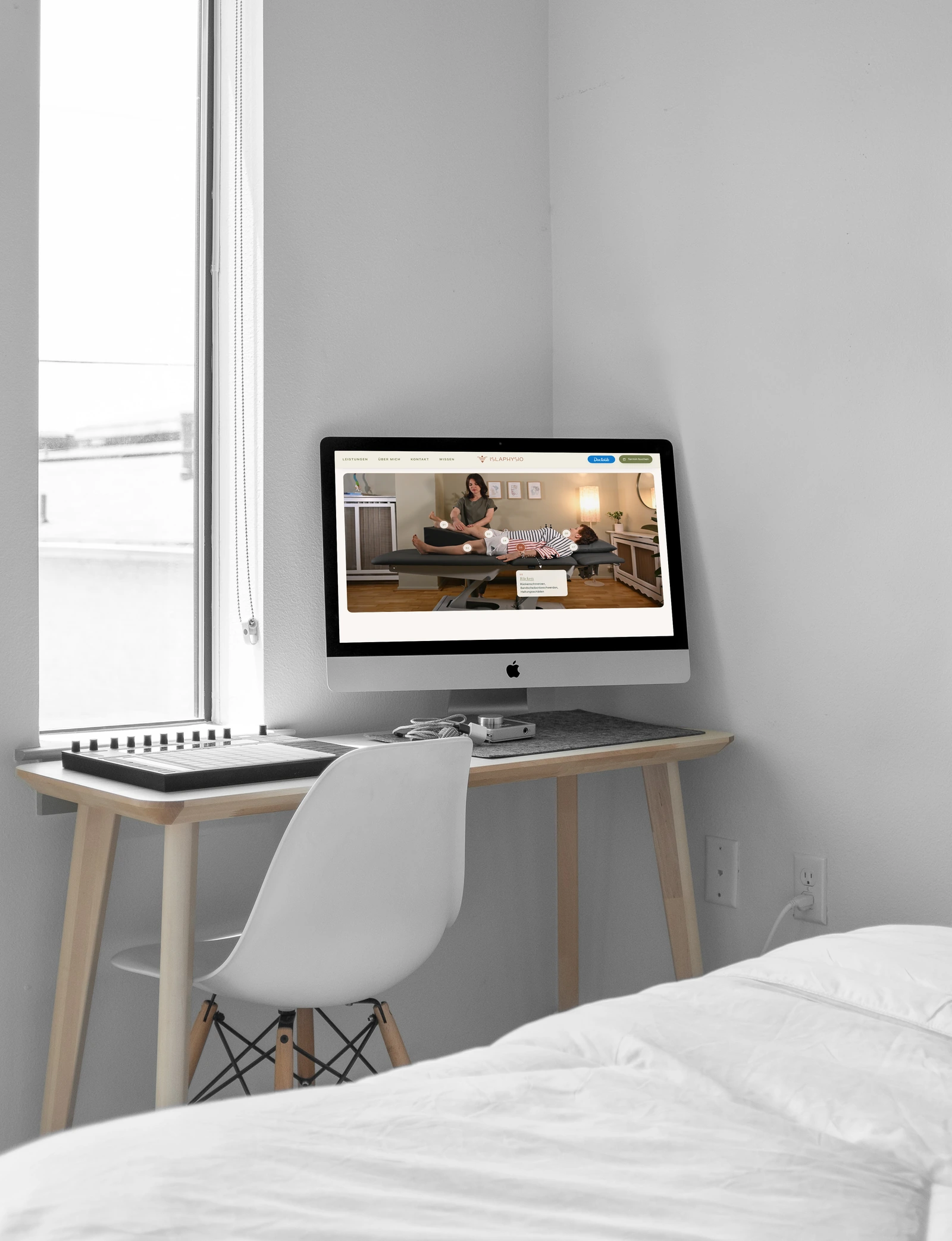 All seven body-region markers and the back-treatment panel with all three symptoms on a computer in a photographed setting.