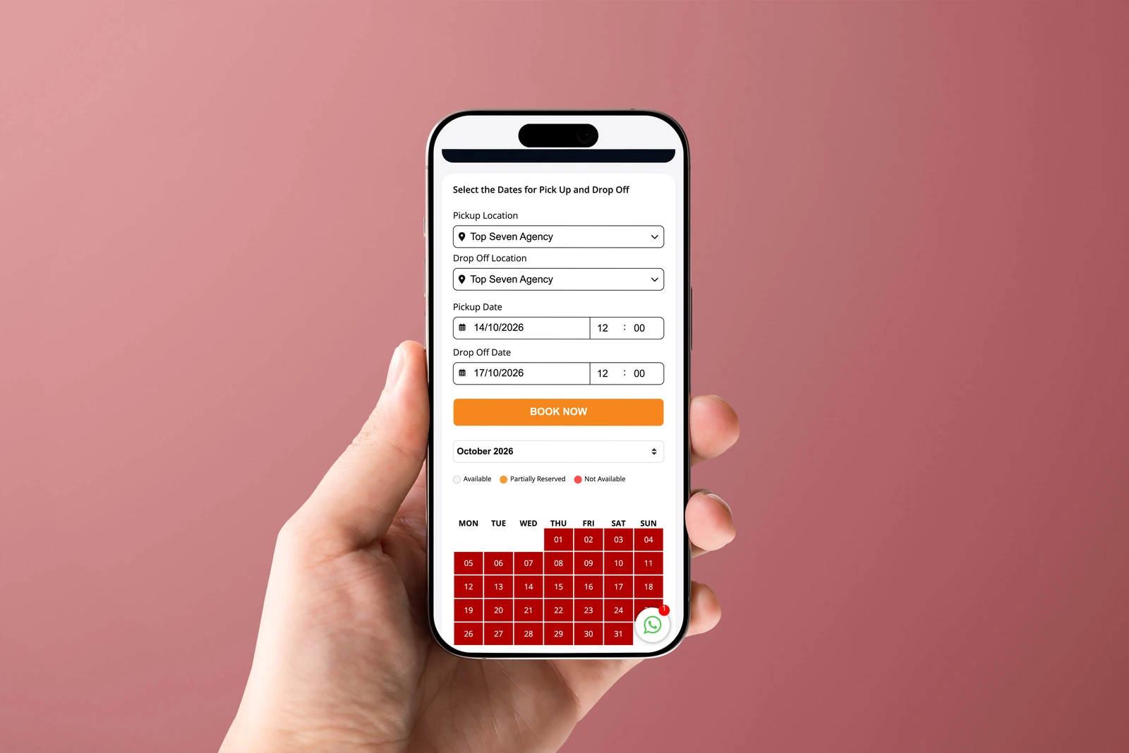 Top Seven Rental collection and return details displayed on a phone held against a warm pink wall.