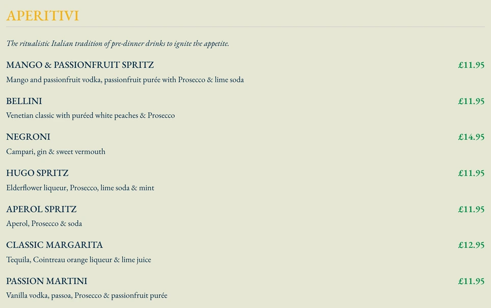 Bella Capri drinks menu with names, descriptions and prices
