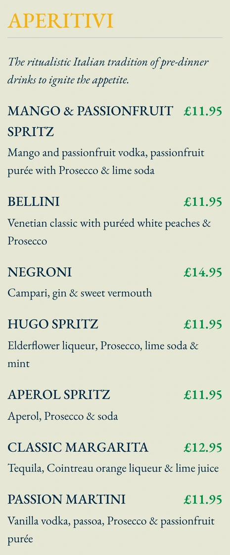 Bella Capri drinks menu in its mobile layout