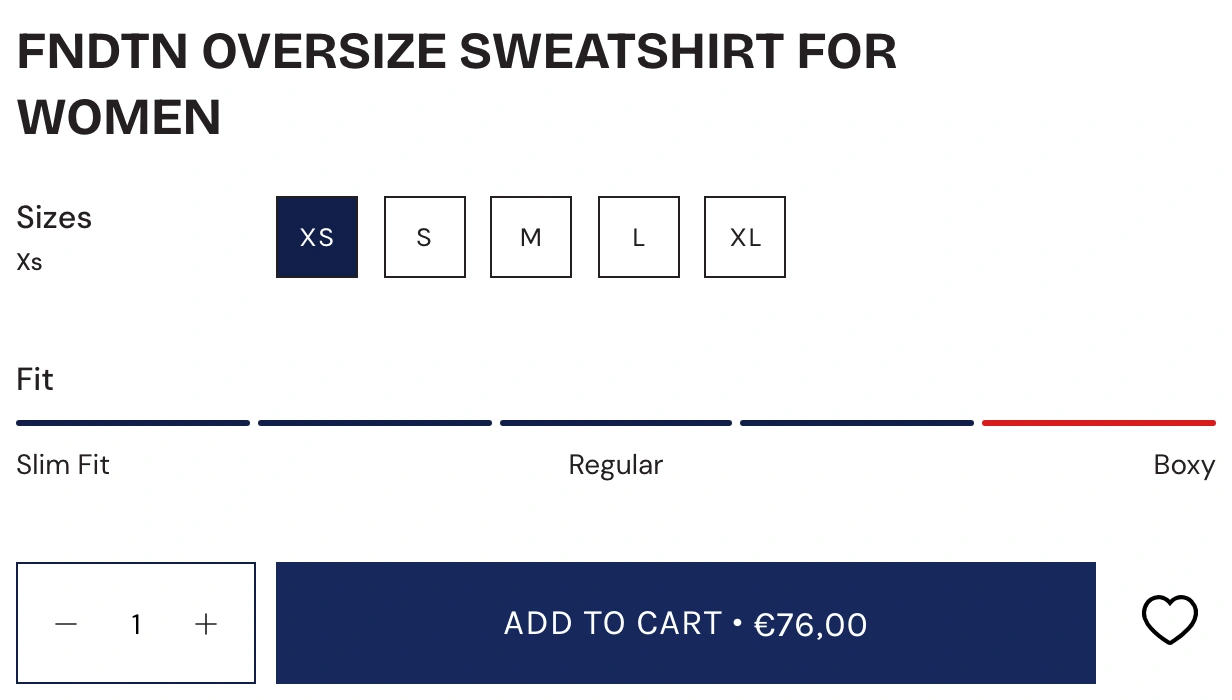 The source size choices, fit scale and purchase controls for the sweatshirt.