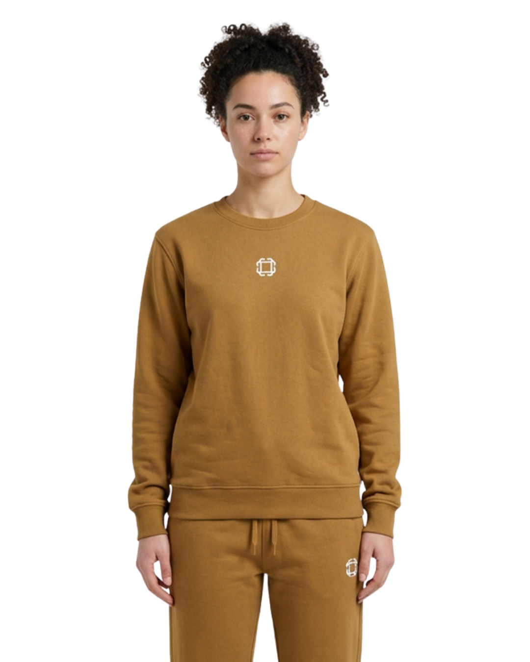 A woman wearing the gold oversize sweatshirt from the saved product page.