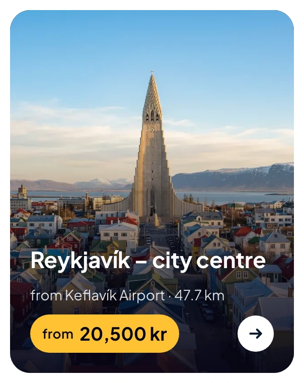 Reykjavík destination card photographed against the city skyline with a dated fare label