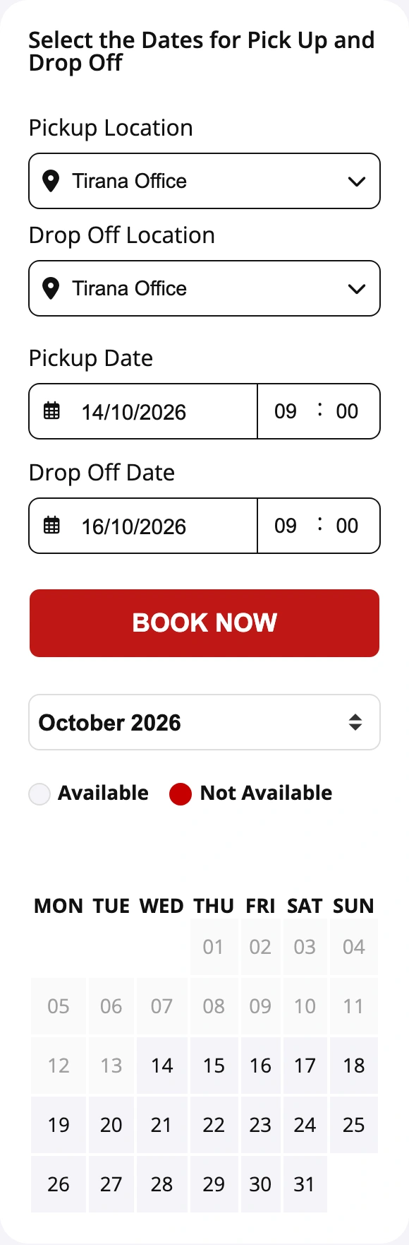 The captured RentTech date and location search with an October 2026 availability calendar