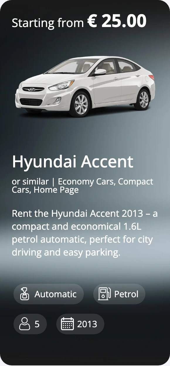 Hyundai Accent record with a vehicle photograph, description and specification badges