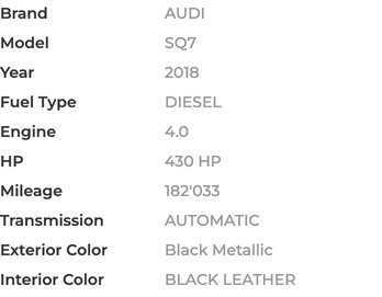 The Audi SQ7 specification, including its 2018 year, 4.0 diesel engine and automatic transmission
