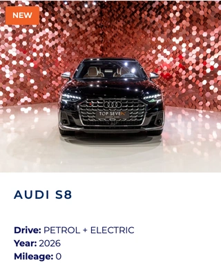 An Audi S8 listing with its photograph, year, fuel type and mileage in the mobile catalogue