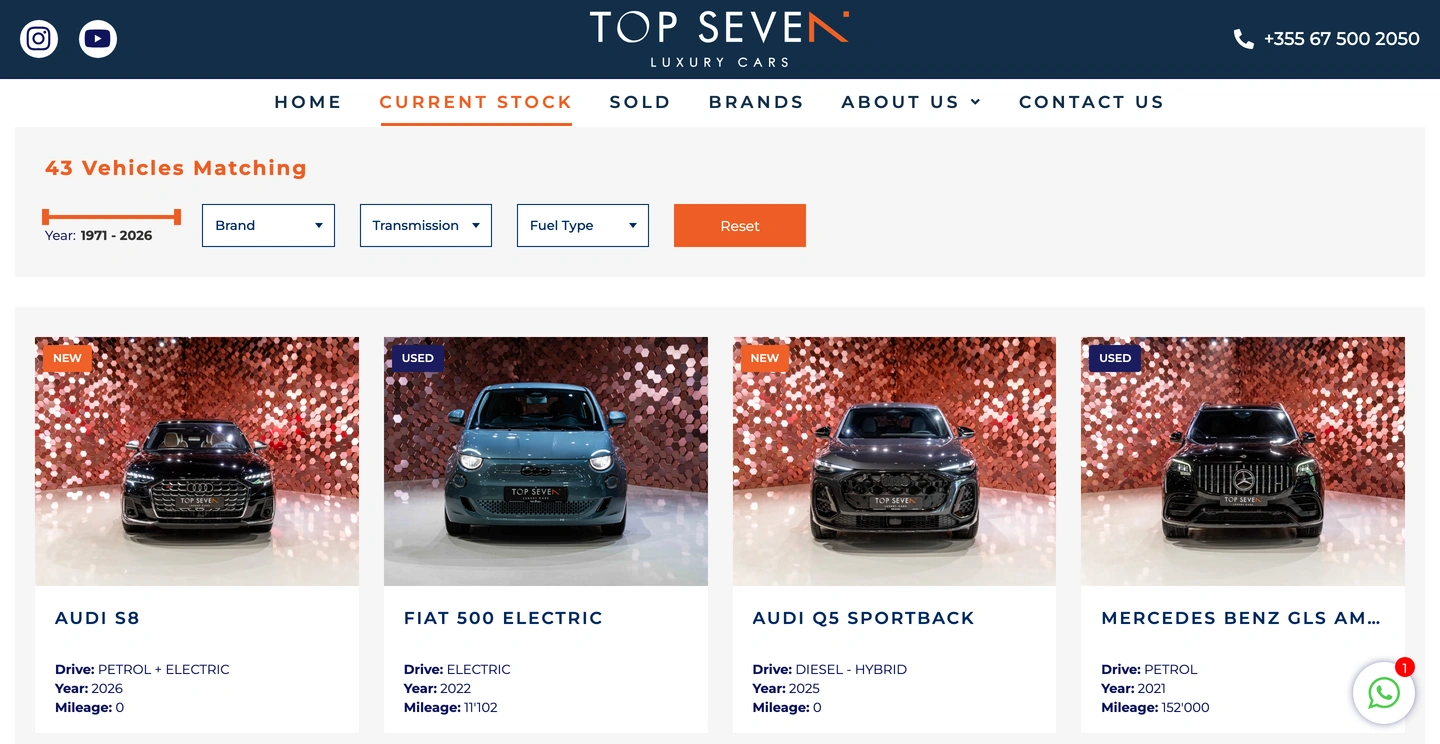 Top Seven’s vehicle collection with brand, transmission and fuel filters above four listings