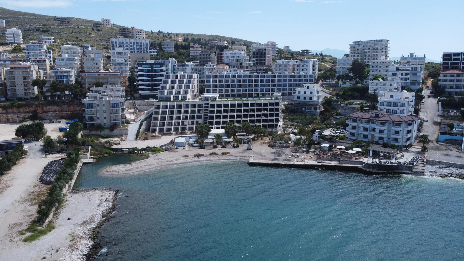 The Ionian Bay residence and surrounding coastline, photographed from above