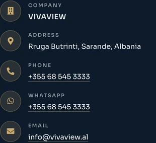 The client’s phone, WhatsApp, email and address grouped on its contact page