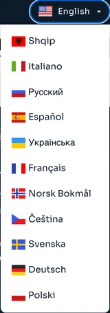 Language menu with English, Albanian and Italian among the choices