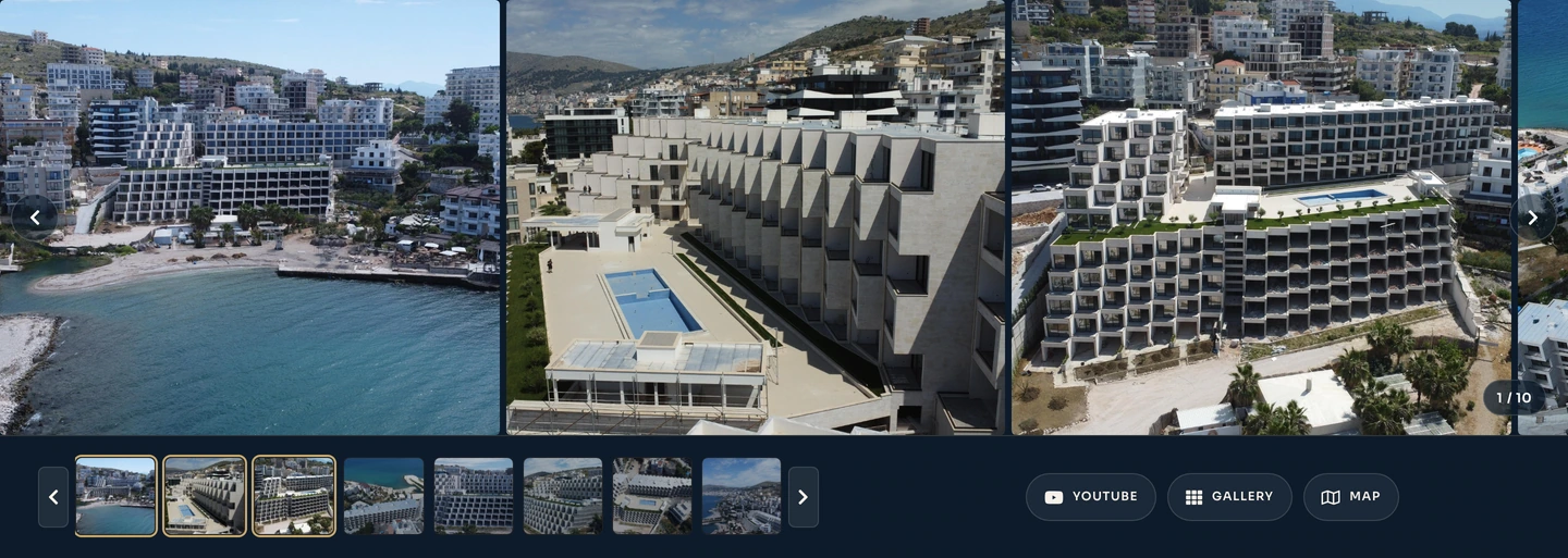 Property gallery showing architectural photographs with gallery and map controls