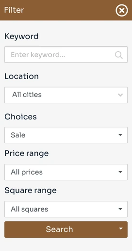 Mobile property search with location, price and area controls